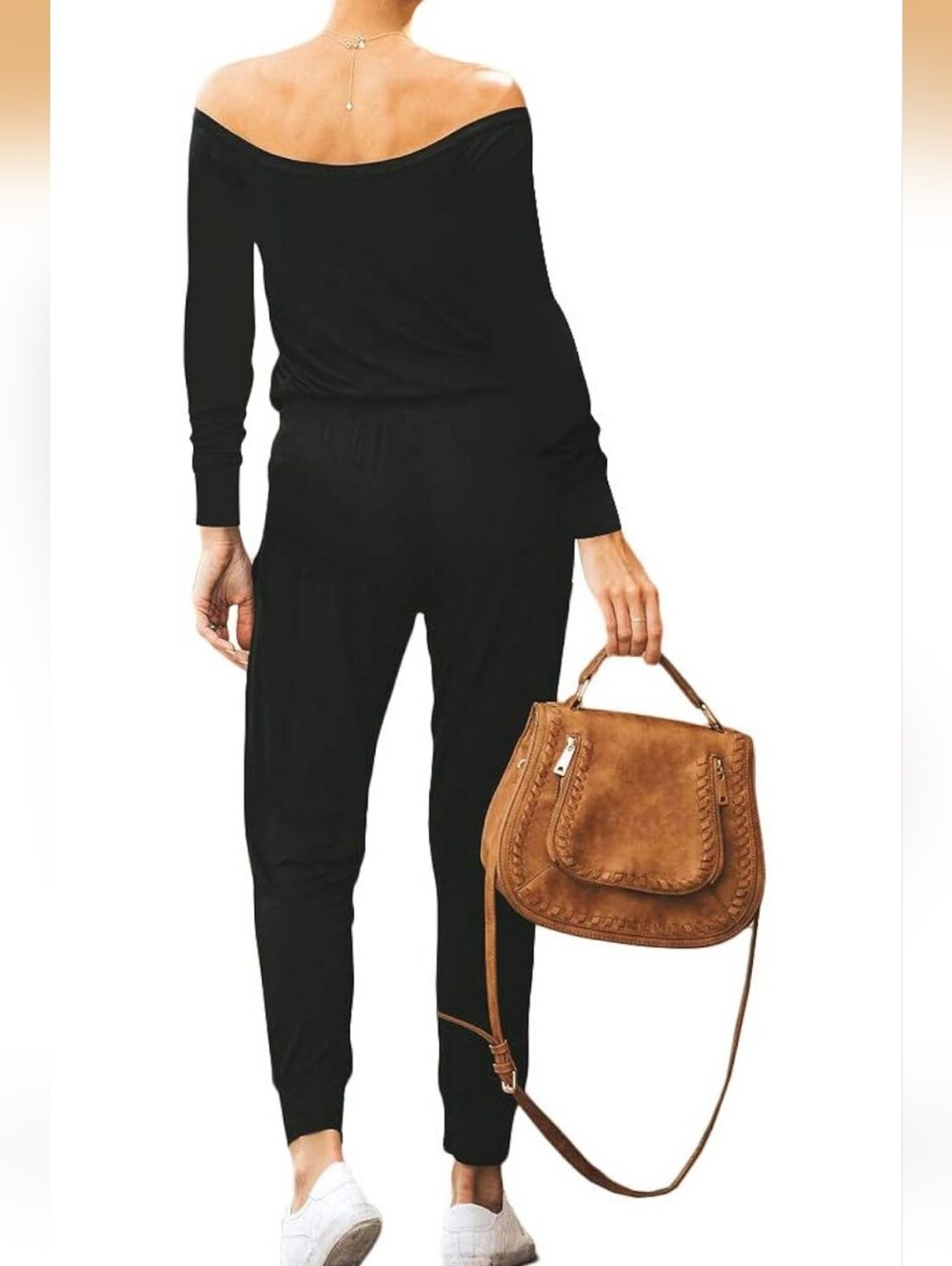 Off-Shoulder Long Sleeve Black Women's Jumpsuit Stretchy With Pockets Size Small - Picture 2 of 4